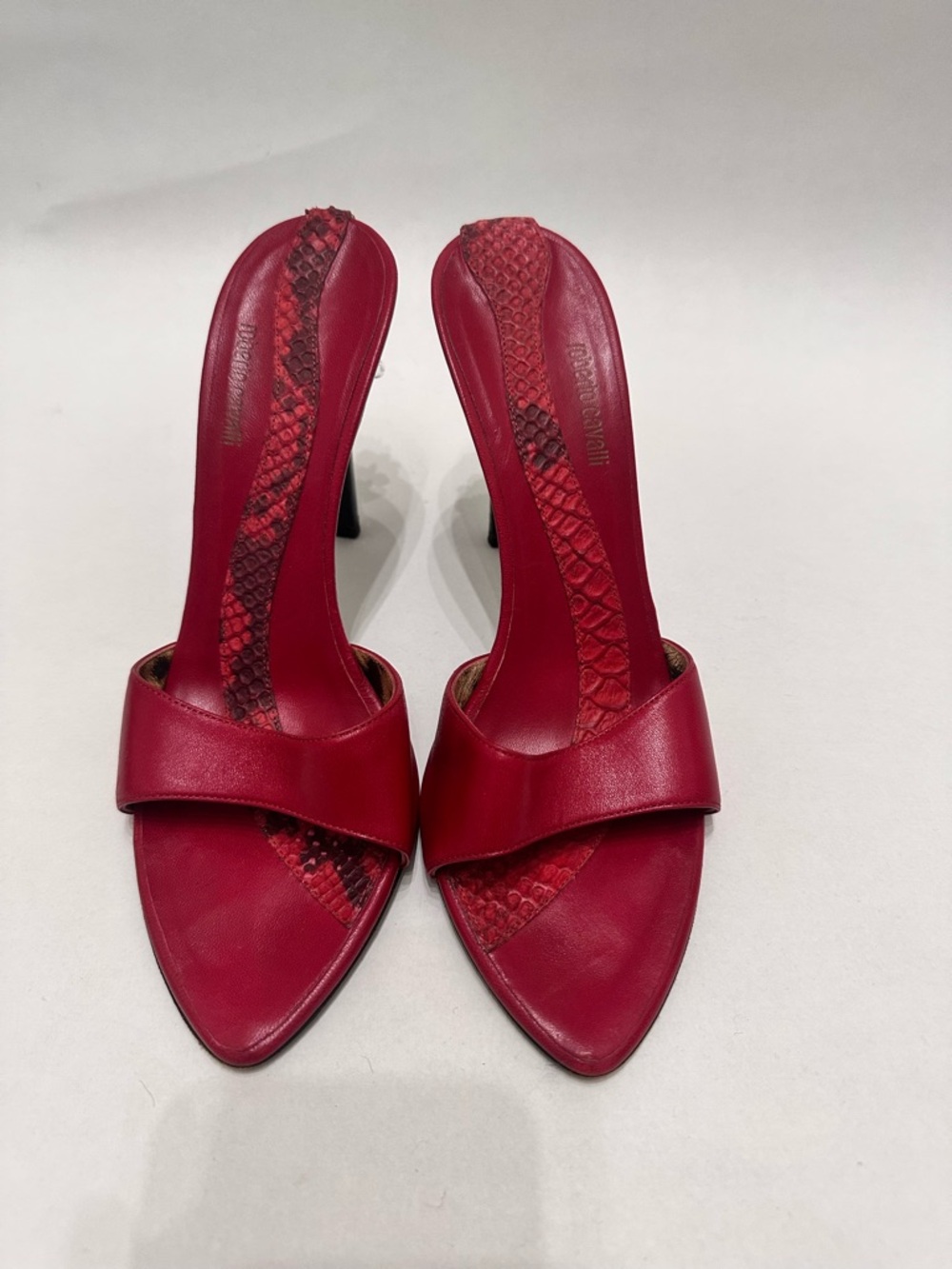 Roberto Cavalli Red Pointed-Toe Slide Heels with Snakeskin Inlay